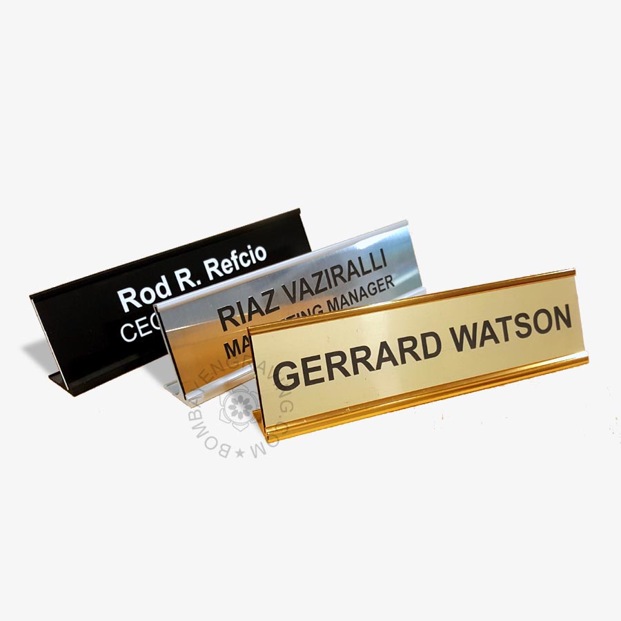 Desk Name Plates in satin Gold, Silver or Matte Black Metal Frames