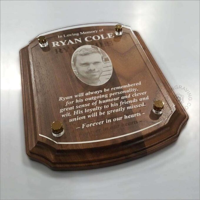 genuine walnut wood memorial plaque with floating acrylic plate