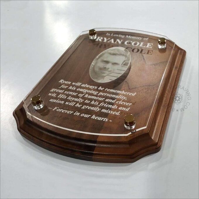 genuine walnut wood memorial plaque with floating acrylic plate