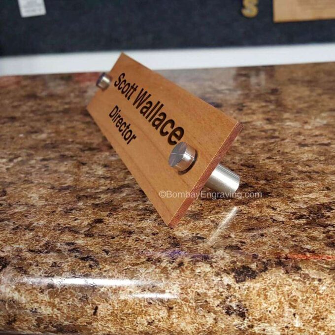 wood desk name plate with standoff