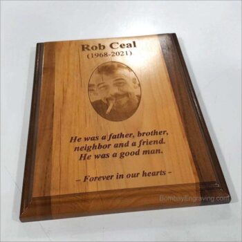 wooden memorial plaque engraved